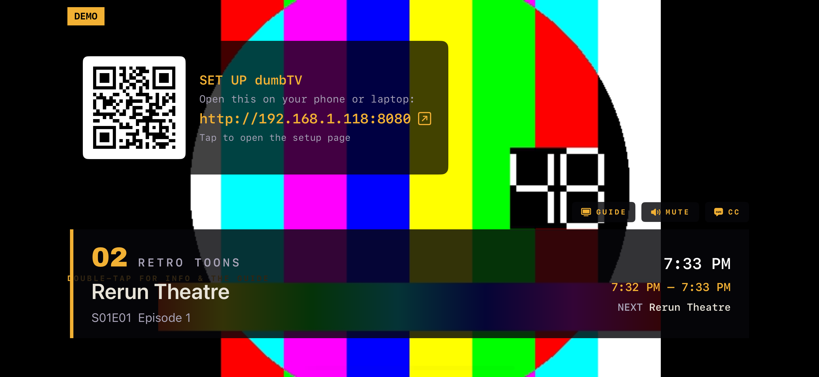 dumbTV playing channel 02 Retro Toons, with the amber lower-third banner showing the show, time, and what's next