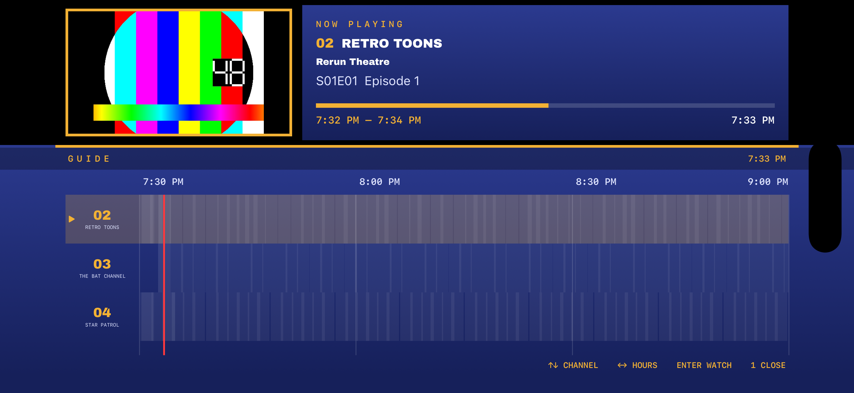 The dumbTV guide: a Prevue-style grid with a NOW PLAYING panel, video preview, and blue timeline with a red line at the current time